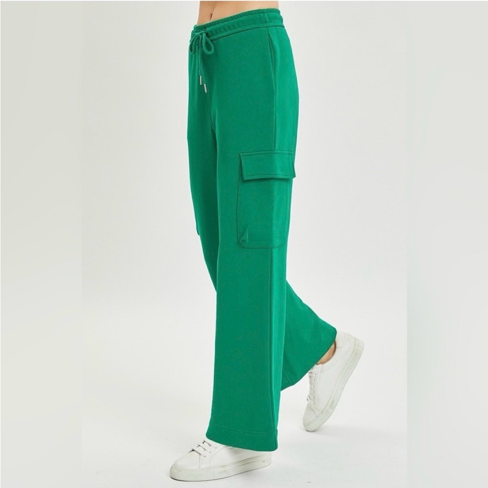 KELLY GREEN Risen Relaxed Cargo Wide Terry Pants Large NWT